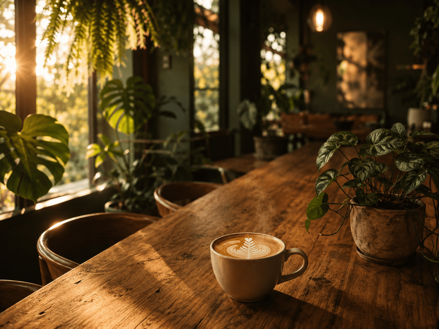Golden-hour light over a latte on a wooden café table surrounded by plants